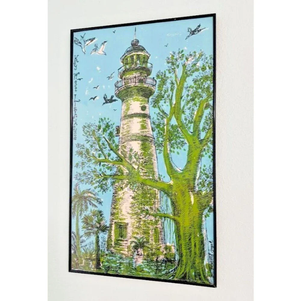 Framed Vtg Key West Fabrics Linen Tea Towel Lighthouse Tree Blue by Zuzek